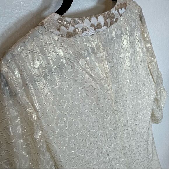 Trina Turk Bonita Gold Shimmer Bell Sleeve Shift Dress in Whitewash size 12 - Picture 11 of 15